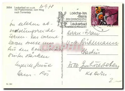 Leukerbad 1411 m. n.p. — widok z Plattenhörner w kierunku Torrentalp — Loëche-les-Bains, nr 261 — Rewers