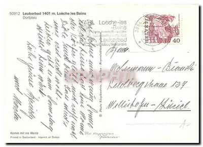 Loèche-les-Bains — widok placu z Hotel Grand i górami — Photo Klopfenstein — Rewers