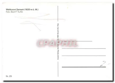 Zermatt — widok panoramiczny z Matterhornem — wydawca Arolen-Verlag Zermatt — Rewers