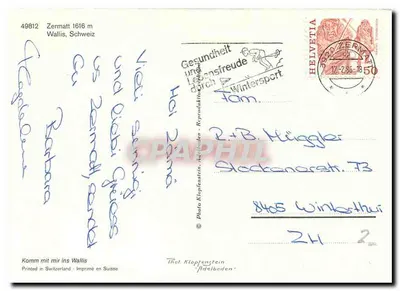 Zermatt — Montanha nevada e chalé — Foto Klopfenstein, n° 49812 — Verso