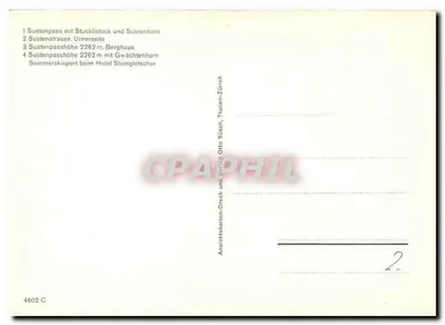 Susten-Pass — vista panorâmica e invernal — Anschichtskarten-Druck und Verlag Otto Stäsi, Thalwil-Zürich — Verso