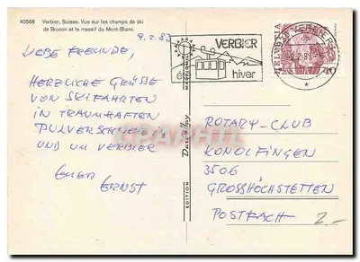 Vérazier — Widok na stoki narciarskie w Brusson i masowy Mont-Blanc — Wydawnictwo Davelley — Rewers