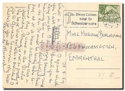 Zasnieżona góra — widok z wysokiego terenu — Wetterhorn, Szwajcaria, nr 1404 — Rewers