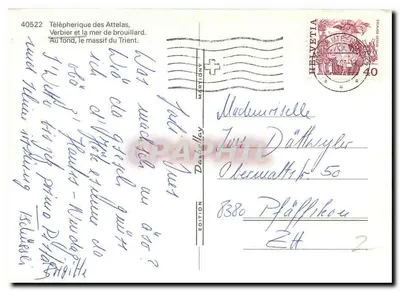 Teleferyk Attelas, Verbier i morze mgły. W tle, masowy Trient — Wydawnictwo Daubray, nr 40522 — Rewers