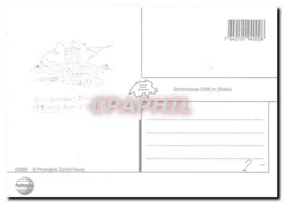 Simplonpass 2005 m — Kolorowy widok alpejskich krajobrazów i zabytków — Photoglob Zürich/Vevey — Rewers