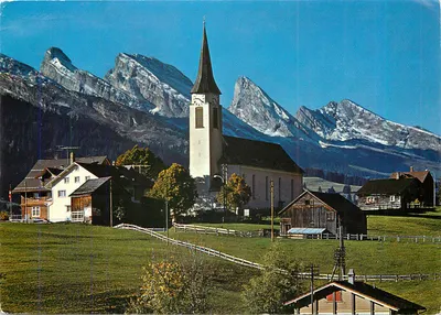 Wildhaus (Obertoggenburg) — igreja com os Churfirsten — editor Gross, n° 35749