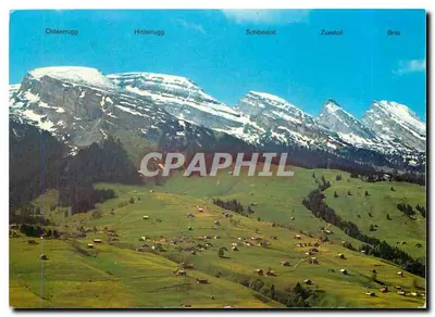 Chäserrugg, Hinterrugg, Schibestoll, Zuestoll, Brisi — montanhas nevadas e vale verdejante — editor não visível, número de série 19945
