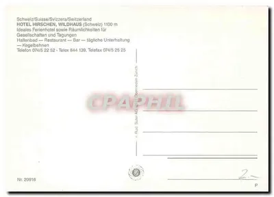 Hotel Hirschen, Wildhaus — Suíça — editor Rud. Suter AG, n° 20916 — Verso
