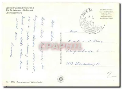 Alt St. Johann-Sellamatt — stacja narciarska w Szwajcarii — wydawca Rud. Suter AG, nr 1353 — Rewers