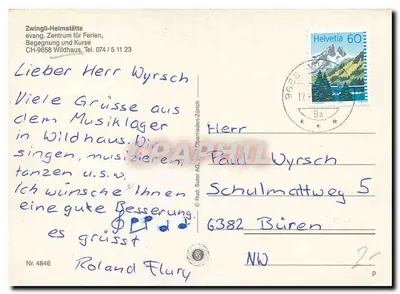 Zwingli-Heimstätte, Wildhaus — Lugar de estadia e centro evangélico — editor Rud. Suter AG, n° 4846 — Verso