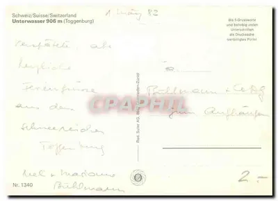 Zimowy widok na szwajcarskie góry — Stoss, Säntis, Schafberg, Moor — wydawca Rudolf Suter AG, Zürich, n° 1340 — Rewers
