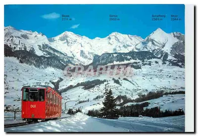 Montanhas nevadas — vista com trem vermelho — Rud. Suter AG, Zurique