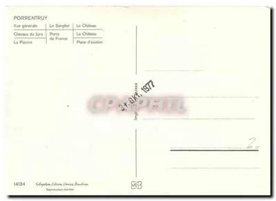 Porrentruy — ogólne widok, sarny, zamek, konie Jura, brama Francji, basen, plac lotniczy — Colophon Edition Deriaz Baulmes, nr 14134 — Rewers