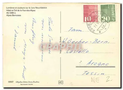 Hotel e Passo da Vista das Alpes — Alt. 1288 m — Alpes Bernoises — Edição Deriaz-Baumann — Verso