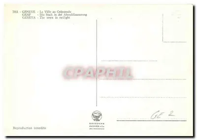 Genewa - Miasto w zachodzie słońca — Wydawnictwo Jaeger & Co, nr 7011 — Rewers