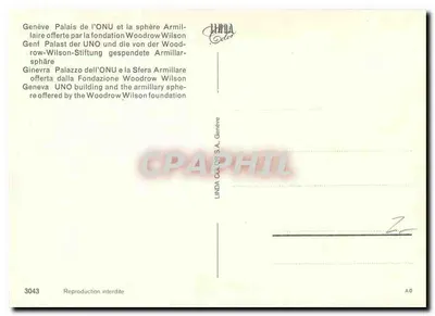 Palais de l'ONU — Sphère Armillaire offerte par la Fondation Woodrow Wilson — Linda Color S.A. Genève, n° 3043 — Verso
