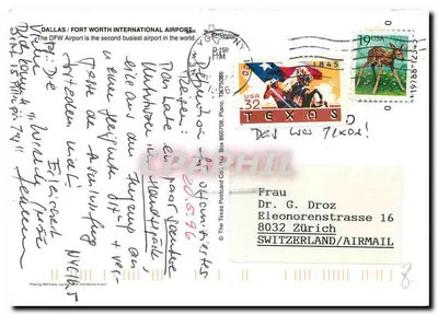 Dallas/Fort Worth International Airport — vista aérea — The Texas Postcard Co., Inc. — Verso