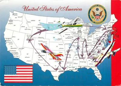 Estados Unidos da América — cartão postal aéreo com mapa das principais cidades — editor P, n° 16652