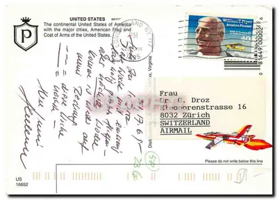 Estados Unidos da América — cartão postal aéreo com mapa das principais cidades — editor P, n° 16652 — Verso