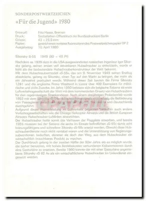 Sikorsky S-55 — 1949 — Deutsche Bundespost Berlin — para a juventude — n° 1000 — Verso