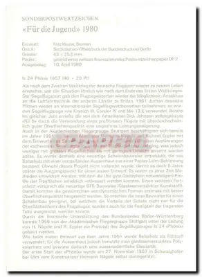 Avião a vela Phoenix 1957 — edição especial para a juventude — Deutsche Bundespost — Verso