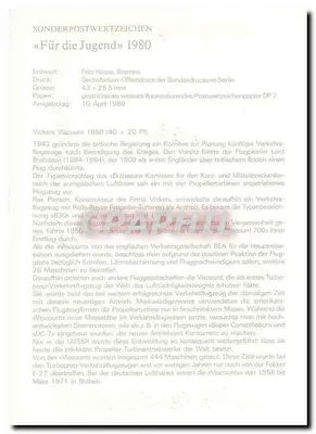 Vickers Viscount 1950 — 1º dia de emissão 10.04.1980 — Deutsche Bundespost Berlin — Verso