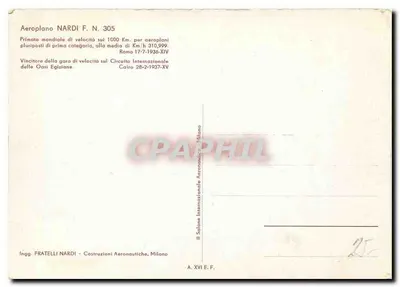 Avião NARDI F.N.305 — ilustração de G. Visano — editor Ingg. FRATELLI NARDI, Milão — Verso