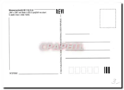 Messerschmitt Bf 110 C-2 — avião de caça alemão — editor REVI, n°27002 — Verso