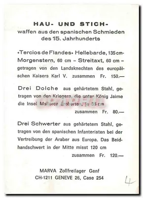 Armas de combate — Espadas y hachas españolas del siglo XV — MARVA Zollfreilager Ginebra — Reverso