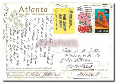 IZZY jogando tênis — Atlanta 1996 — The Postcard Factory — Verso