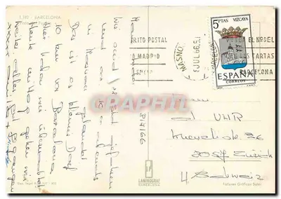 Port w Barcelonie — widok z lotu ptaka portu i miasta — wydawca Laminograf, nr 1.182 — Rewers