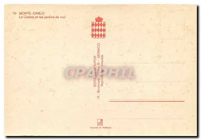 Monte-Carlo — O Casino e os jardins à noite — Éditions Molipor — Verso