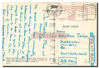 Interior de Hogan — Monument Valley, Arizona — Continental Card B129 — Verso