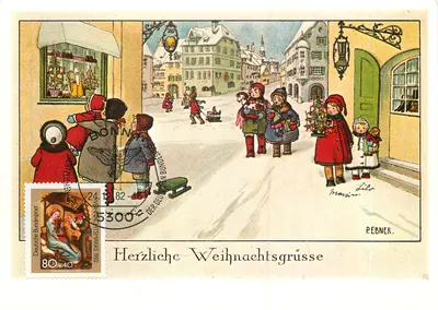 Crianças brincando em uma rua nevada — reprodução de carta de Natal 1910 — editor PEBNER, número de série não visível