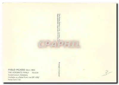 La famiglia di acrobati — riproduzione di gouache — Pallas Card 1151, edita da The Pallas Gallery Ltd, Londra — Verso