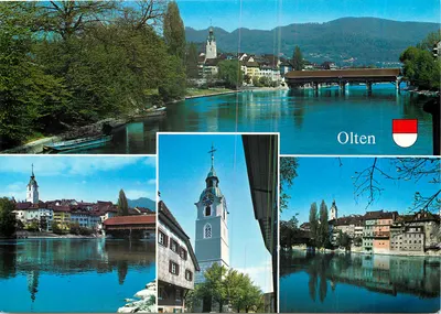 Olten — vista panorâmica com ponte coberta e igreja — Photoglob AG, Zurique