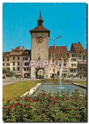 Biellor — Praça do Hotel de Ville com a torre da igreja — Photoglob-Wehrli AG, Zurique