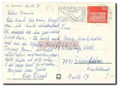 Rheinfelden — vista do ponte sobre o rio Reno — editor Hugo Kopp, n° 173C — Verso