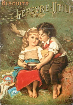 Dois crianças saboreando biscoitos — propaganda para Biscuits Lefèvre-Utile — editor Générale Biscuit, 1896