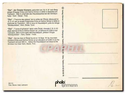O homem das geleiras de Ötztal — descoberto em 1991 — editor Lohmann, n°00/113 — Verso