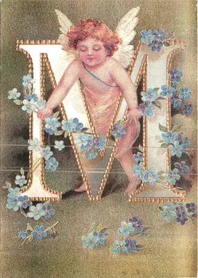 Cupido na letra M — decoração de flores azuis — Alpha-Beta M