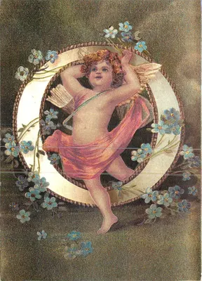 Cupido em um quadro circular — flores azuis — Alpha-Beta O