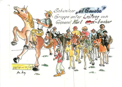Grupo de cavaleiros suíços « El Gaúcho » — desenho de Hans May — datado 09/11–11/11/88