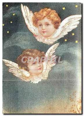 Dois anjos no céu estrelado — carta postal antiga