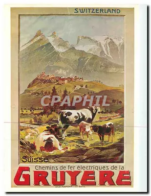 Vacas nas Alpes — Ferrovias elétricas da Gruyère — Lit. Aubacher & Cie, Berna