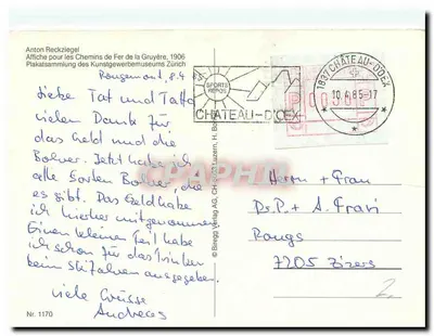 Vacas nas Alpes — Ferrovias elétricas da Gruyère — Lit. Aubacher & Cie, Berna — Verso