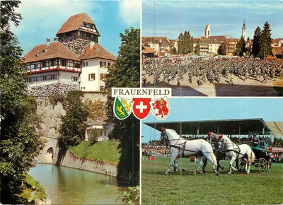 Frauenfeld — Castelo, parada militar e corridas de cavalos — Editor E. Baumann, Winterthur