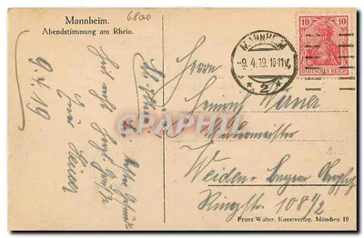 Abendstimmung am Rhein — Mannheim — Franz Walter, Kunstverlag, München — Verso