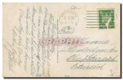 Mannheim, most na Rynie — widok mostu z tramwajem i pieszymi — wydawca Gerhard Bünneken & Co. (odwrotny) — Rewers