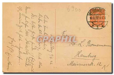 Heidelberg — widok panoramiczny z zamekiem i rzeką — wydawca nieznany, numer serii nie widoczny — Rewers